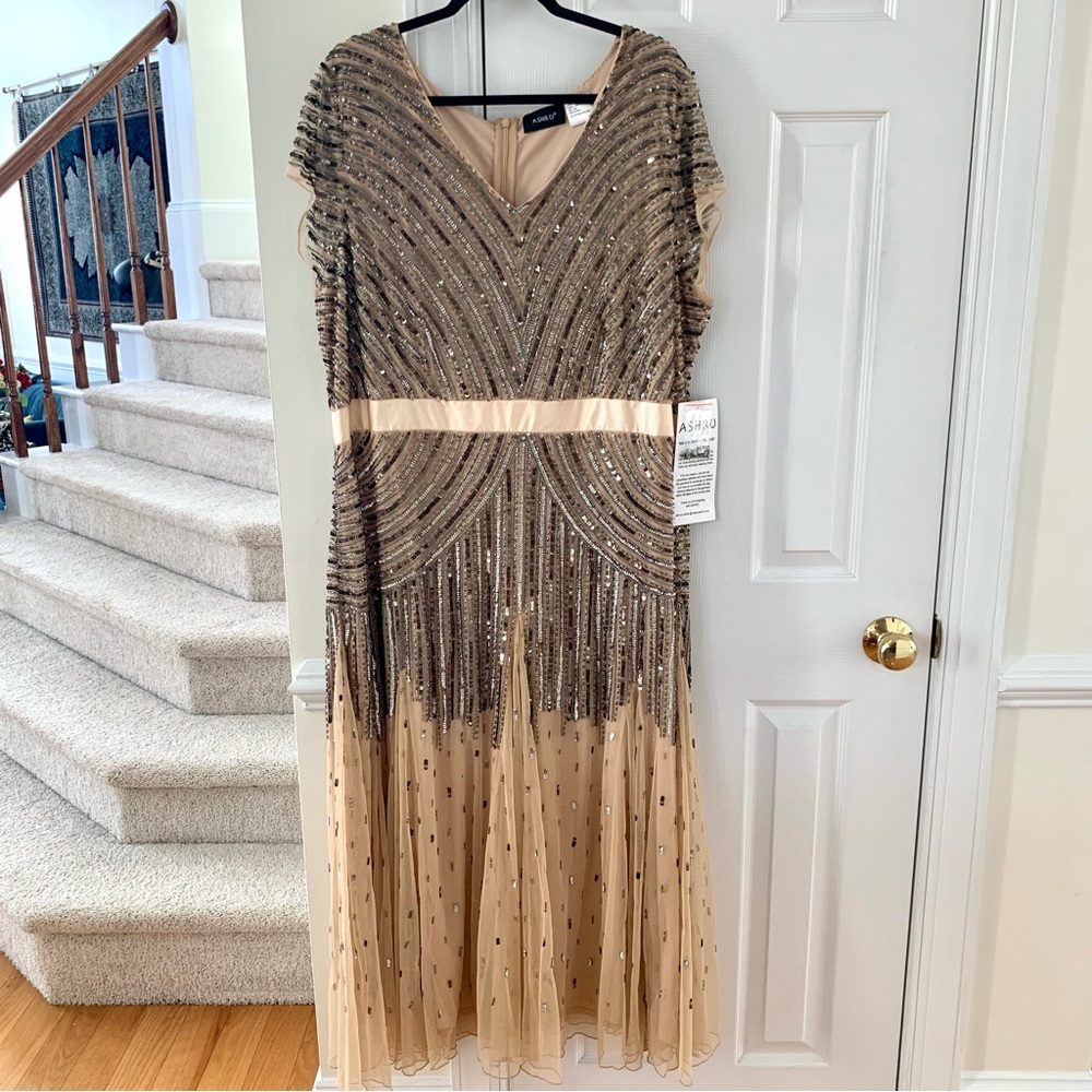 NWT Ashro Nude & Grey Sequin Beaded Evening Gown